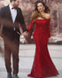 Sexy Mermaid Burgundy Prom Dresses with Long Sleeve Off The Shoulder Long Prom Party Gowns